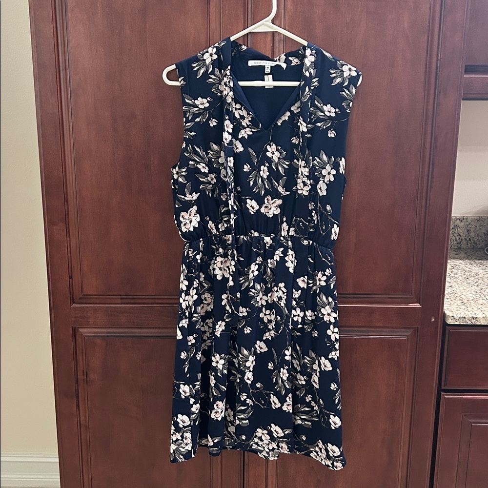 Floral Navy Dress with Tie Collar
